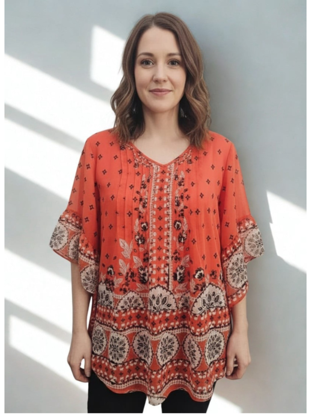 Boho Floral Tunic Blouse Women’s Orange Coral Paisley Kimono Sleeve Flowy Top...